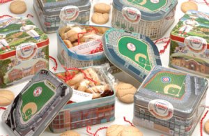 stadium tins fileld with baseball cookies