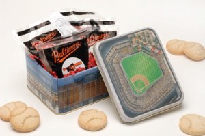 Camden Yards tin with Orioles cookies